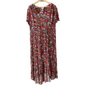 Knox Rose Maxi Floral Dress Size XXL Peasant Cottage Red Colorful High Lo Hem